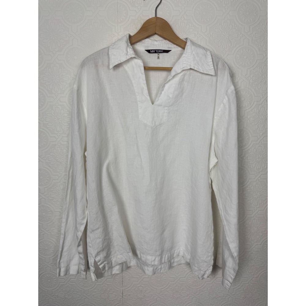 Mr Turk 100% Linen Popover Long Sleeve V-Neck Tunic Shirt Medium Mens White